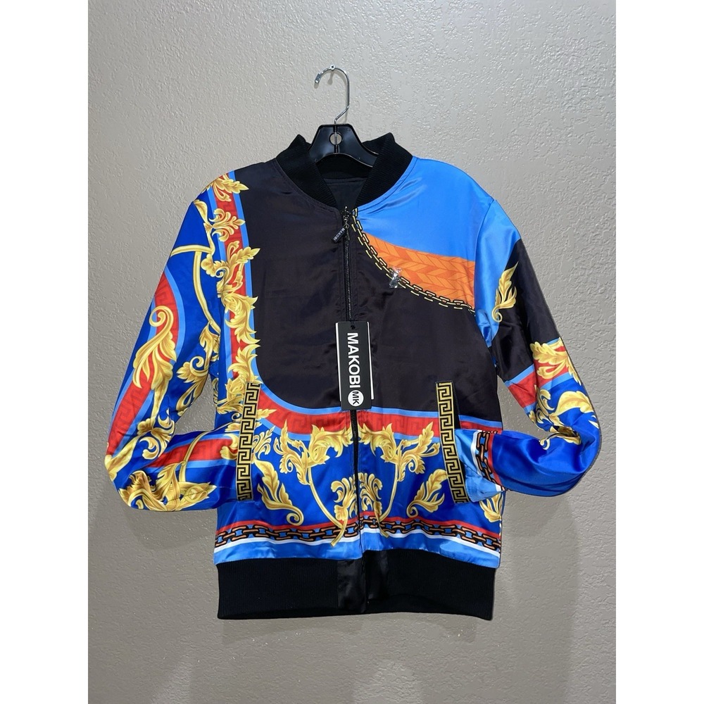 Makobi Reversible Baroque Bomber‎ Jacket Small Black Blue Gold Chain Print NWT